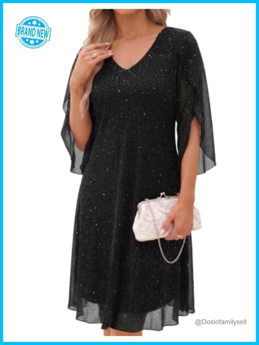 Womens Sequin Cocktail Midi Dress V-Neck Flutter Sleeve Wedding Guest